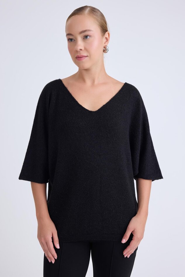 V Yaka Yarım Kol Simli Salaş Bluz - 7