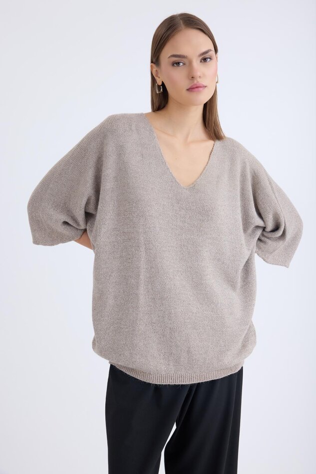 V Yaka Yarım Kol Simli Salaş Bluz - 9