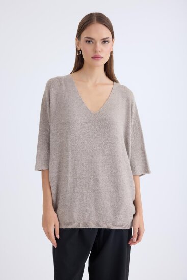 V Yaka Yarım Kol Simli Salaş Bluz - 11