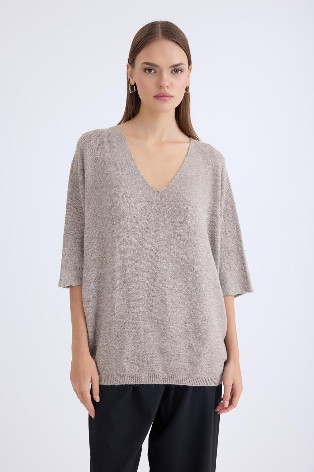 V Yaka Yarım Kol Simli Salaş Bluz - 11