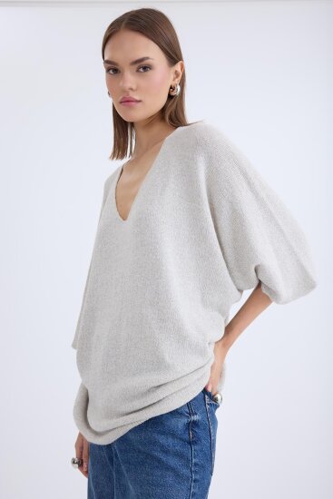 V Yaka Yarım Kol Simli Salaş Bluz - 13