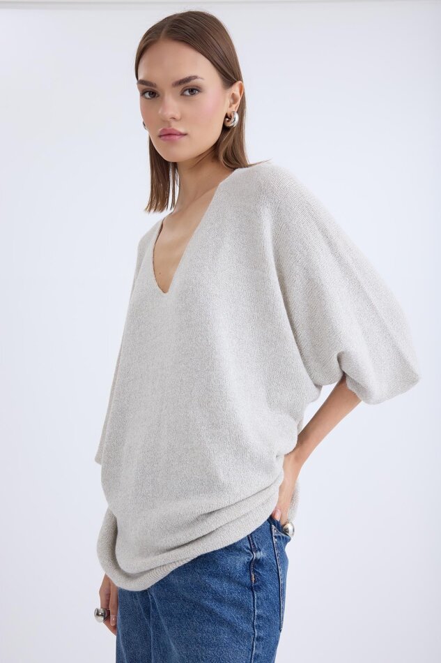 V Yaka Yarım Kol Simli Salaş Bluz - 13