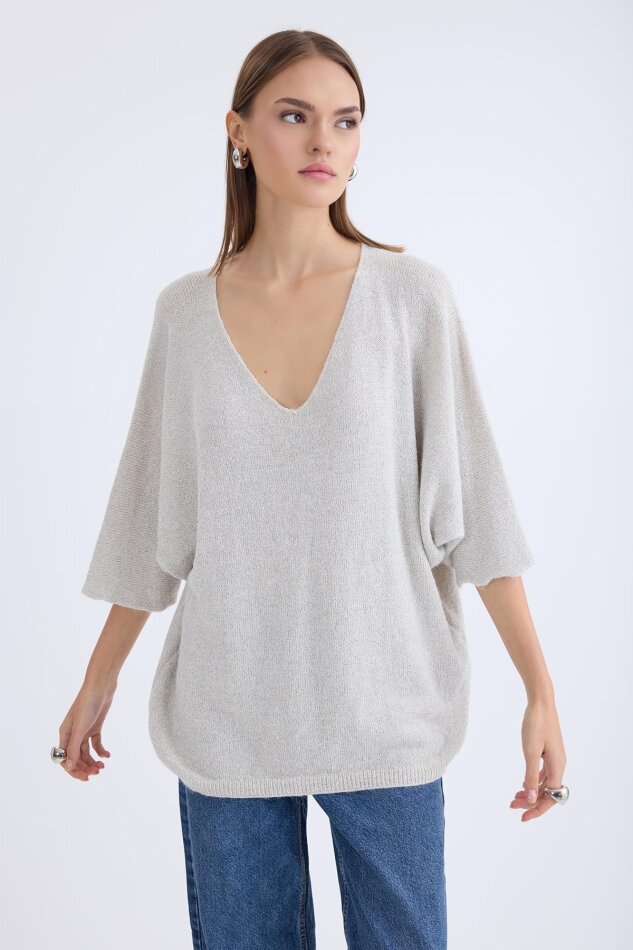 V Yaka Yarım Kol Simli Salaş Bluz - 14