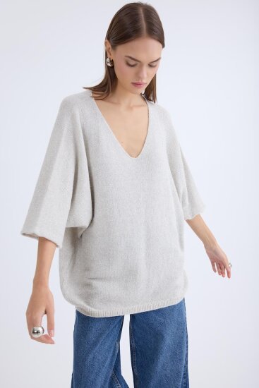 V Yaka Yarım Kol Simli Salaş Bluz - 15