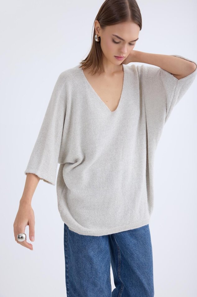 V Yaka Yarım Kol Simli Salaş Bluz - 16