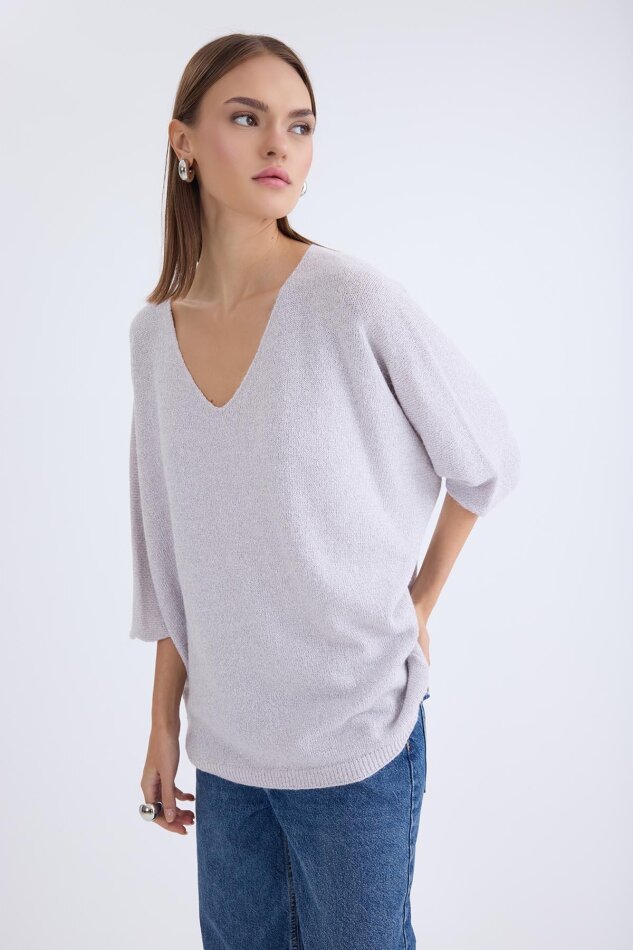 V Yaka Yarım Kol Simli Salaş Bluz - 18