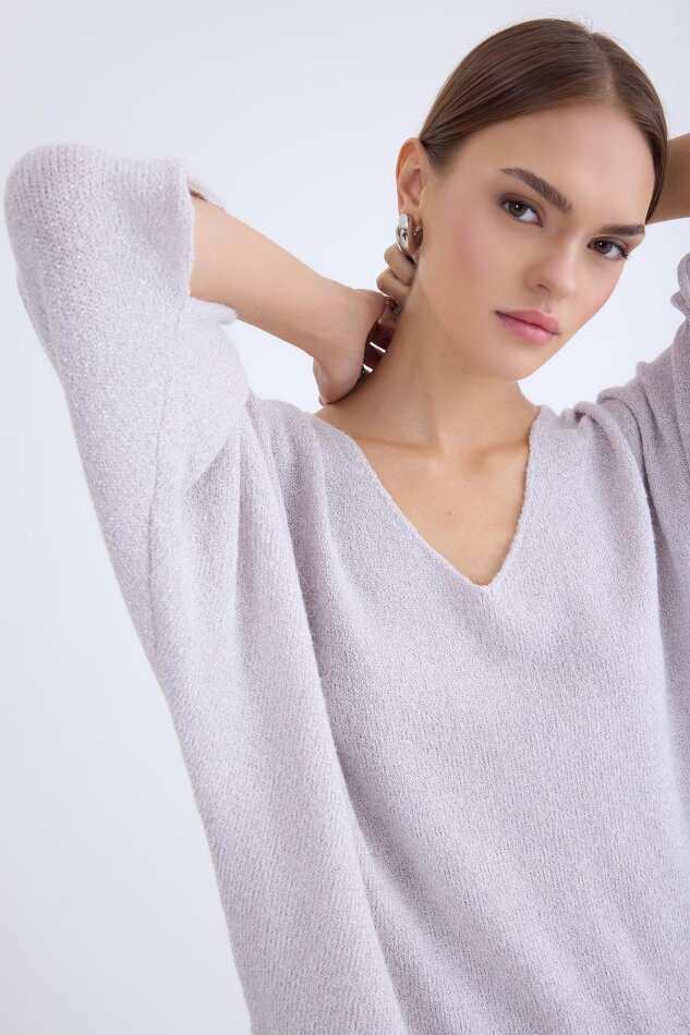 V Yaka Yarım Kol Simli Salaş Bluz - 19