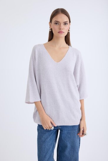V Yaka Yarım Kol Simli Salaş Bluz - 21