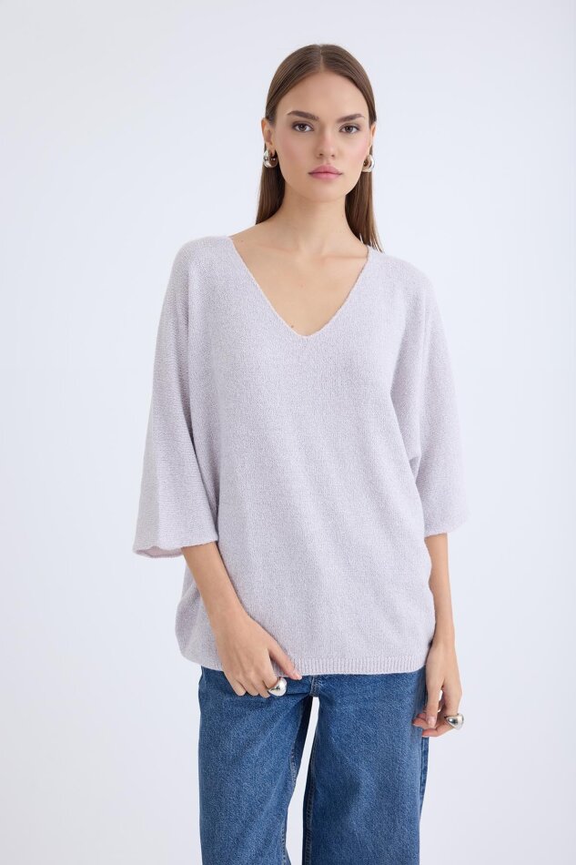 V Yaka Yarım Kol Simli Salaş Bluz - 21