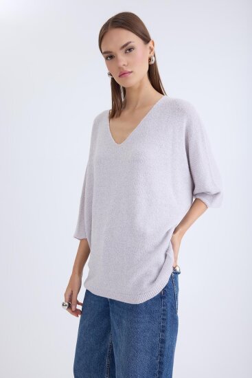 V Yaka Yarım Kol Simli Salaş Bluz - 22