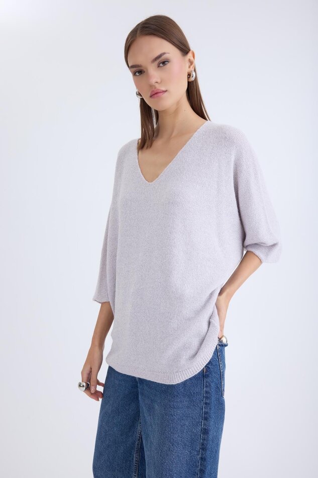 V Yaka Yarım Kol Simli Salaş Bluz - 22