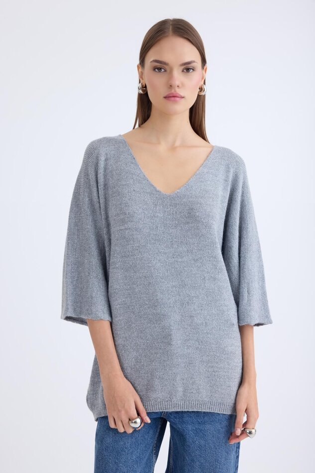 V Yaka Yarım Kol Simli Salaş Bluz - 23