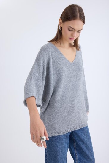 V Yaka Yarım Kol Simli Salaş Bluz - 24