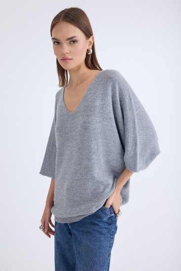 V Yaka Yarım Kol Simli Salaş Bluz - 25