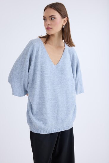 V Yaka Yarım Kol Simli Salaş Bluz - 27