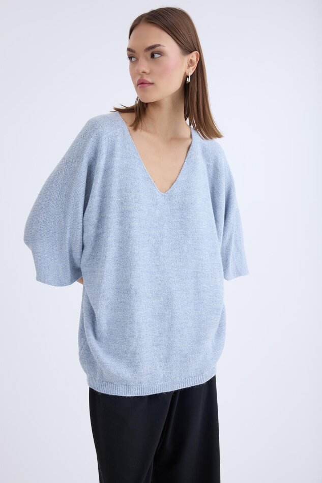 V Yaka Yarım Kol Simli Salaş Bluz - 27