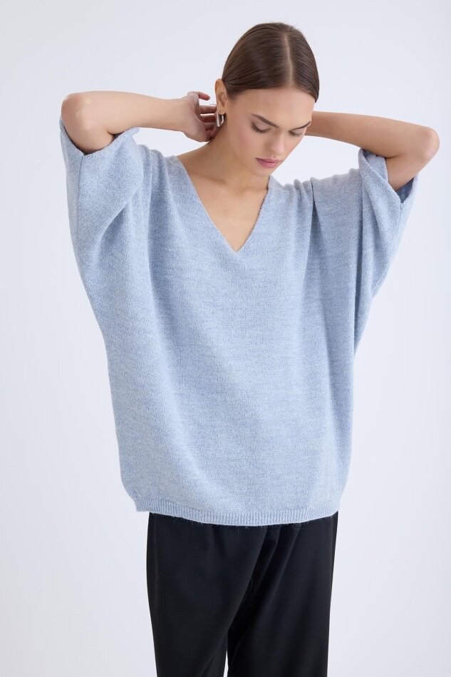 V Yaka Yarım Kol Simli Salaş Bluz - 30