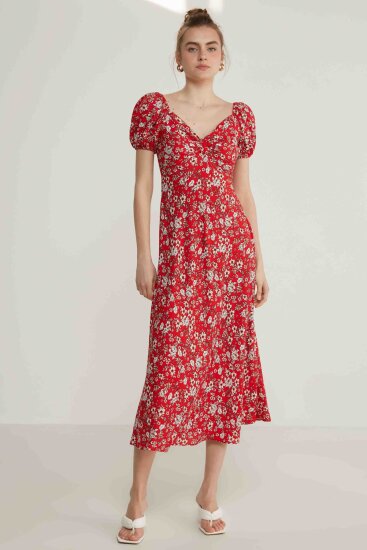 Viskon Balon Kol Çiçek Desen Elbise - 6