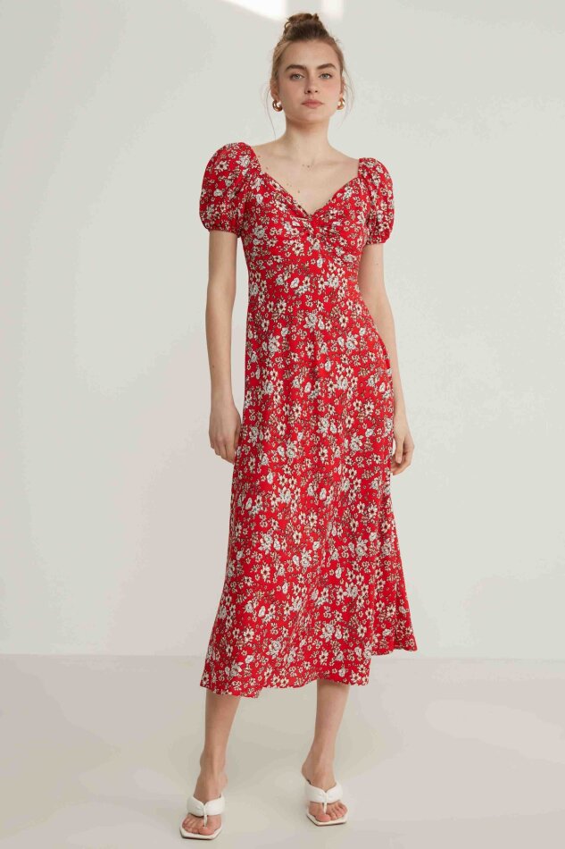 Viskon Balon Kol Çiçek Desen Elbise - 6