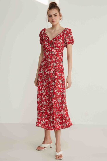 Viskon Balon Kol Çiçek Desen Elbise - 7