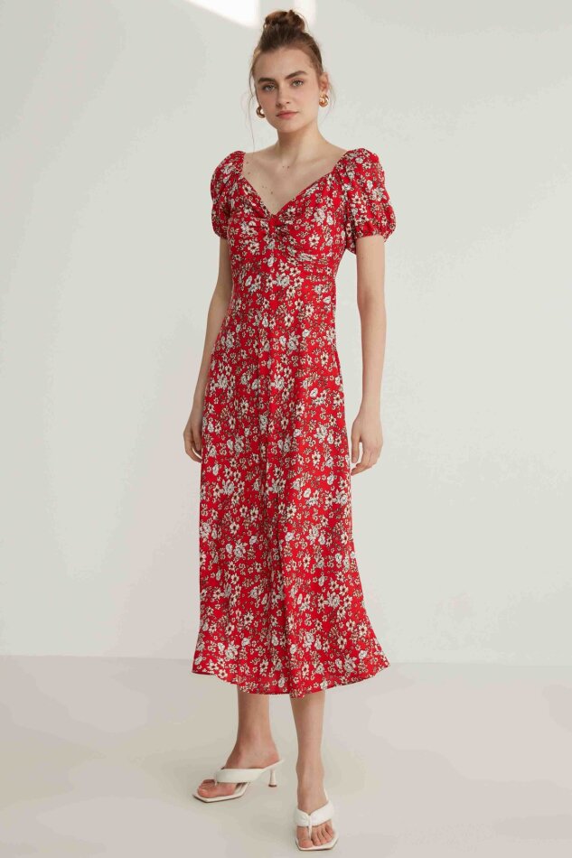 Viskon Balon Kol Çiçek Desen Elbise - 7