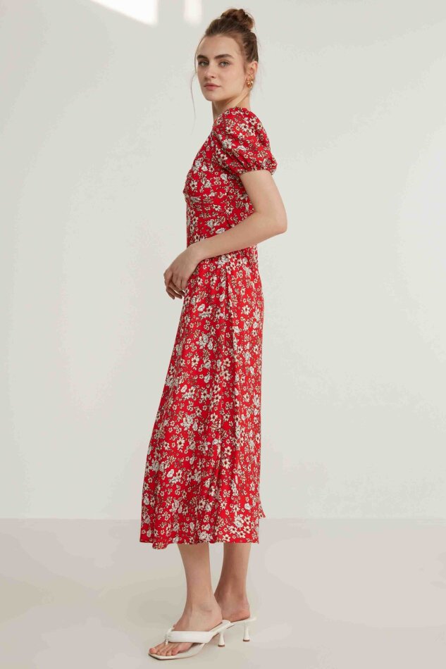 Viskon Balon Kol Çiçek Desen Elbise - 8