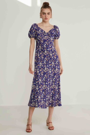 Viskon Balon Kol Çiçek Desen Elbise - 10