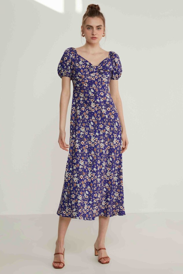 Viskon Balon Kol Çiçek Desen Elbise - 10