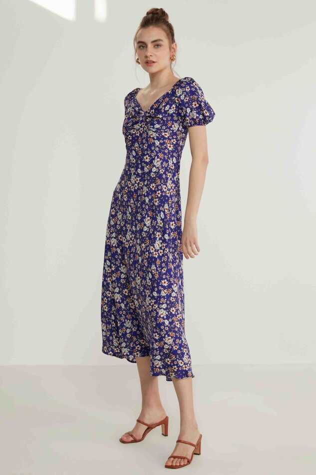 Viskon Balon Kol Çiçek Desen Elbise - 11