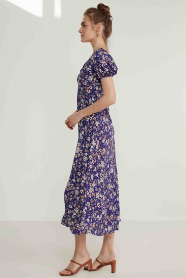 Viskon Balon Kol Çiçek Desen Elbise - 12