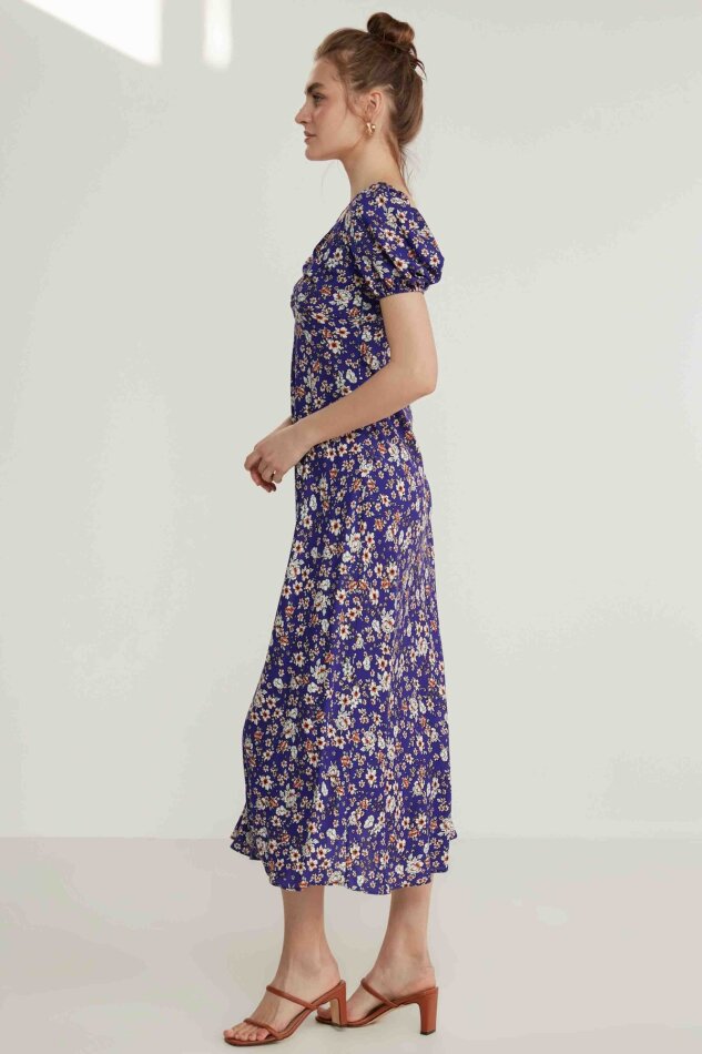 Viskon Balon Kol Çiçek Desen Elbise - 12