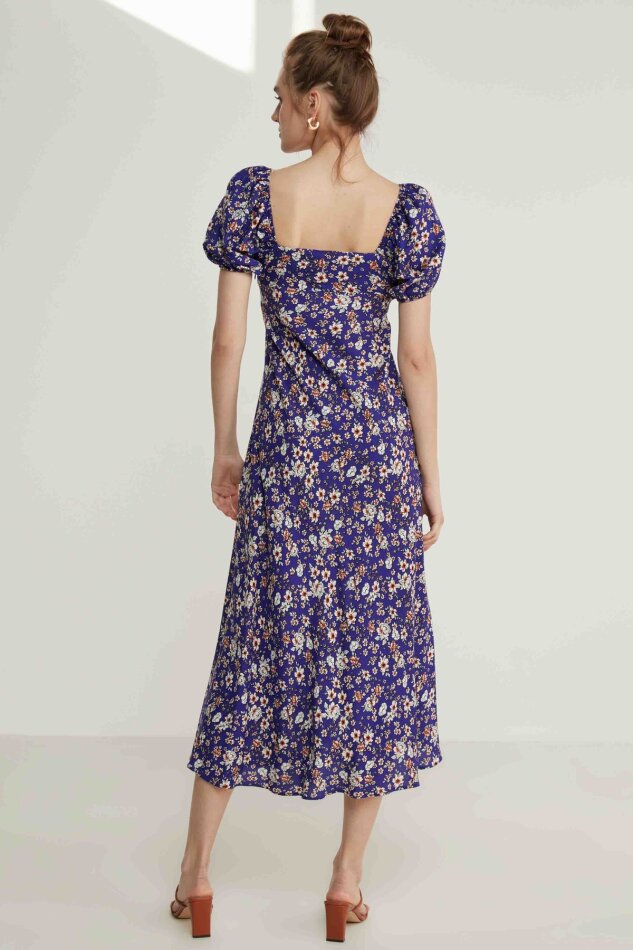 Viskon Balon Kol Çiçek Desen Elbise - 13