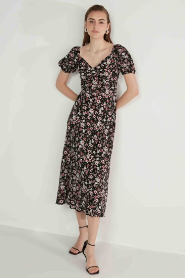 Viskon Balon Kol Çiçek Desen Elbise - 14