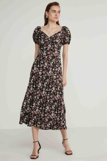 Viskon Balon Kol Çiçek Desen Elbise - 15