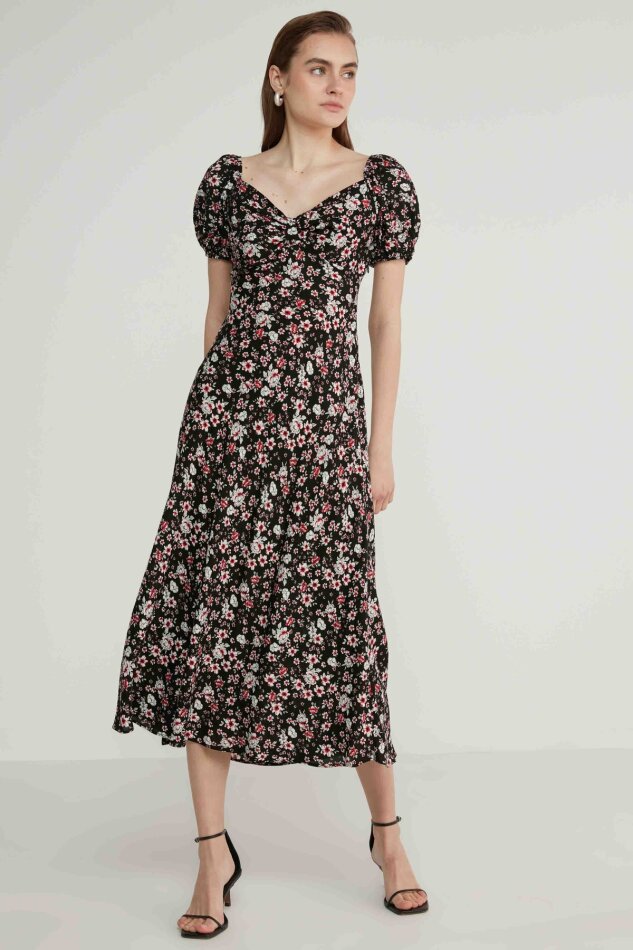 Viskon Balon Kol Çiçek Desen Elbise - 15