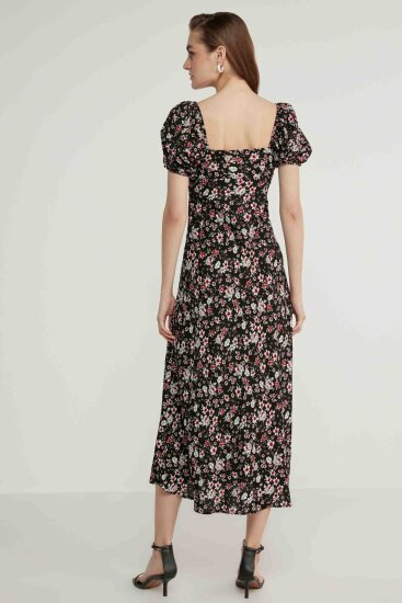 Viskon Balon Kol Çiçek Desen Elbise - 16