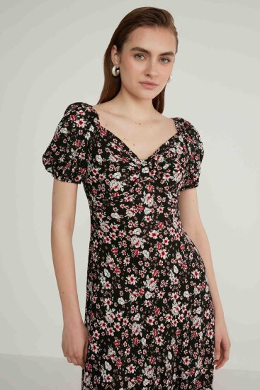 Viskon Balon Kol Çiçek Desen Elbise - 17