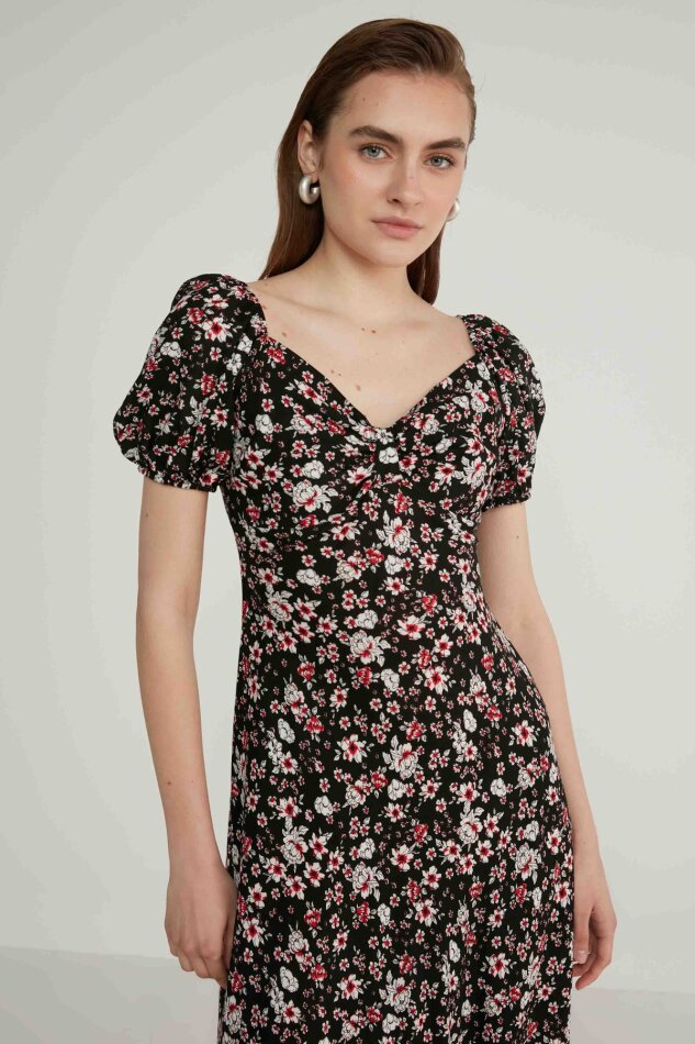 Viskon Balon Kol Çiçek Desen Elbise - 17