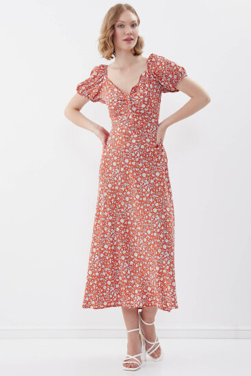 Viskon Balon Kol Çiçek Desen Elbise - 18