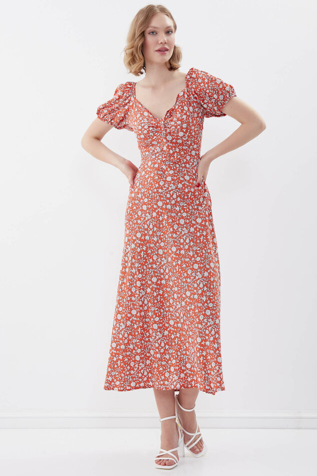 Viskon Balon Kol Çiçek Desen Elbise - 18