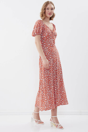 Viskon Balon Kol Çiçek Desen Elbise - 19