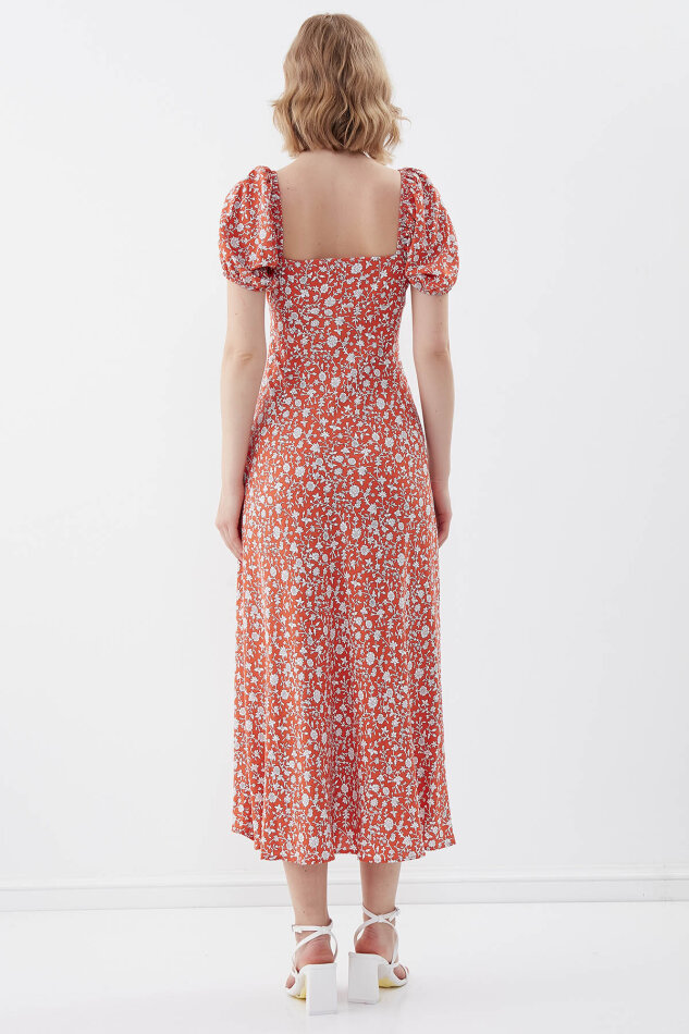 Viskon Balon Kol Çiçek Desen Elbise - 22