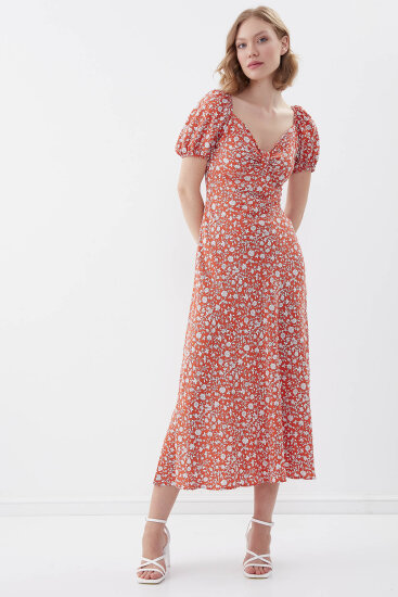 Viskon Balon Kol Çiçek Desen Elbise - 21