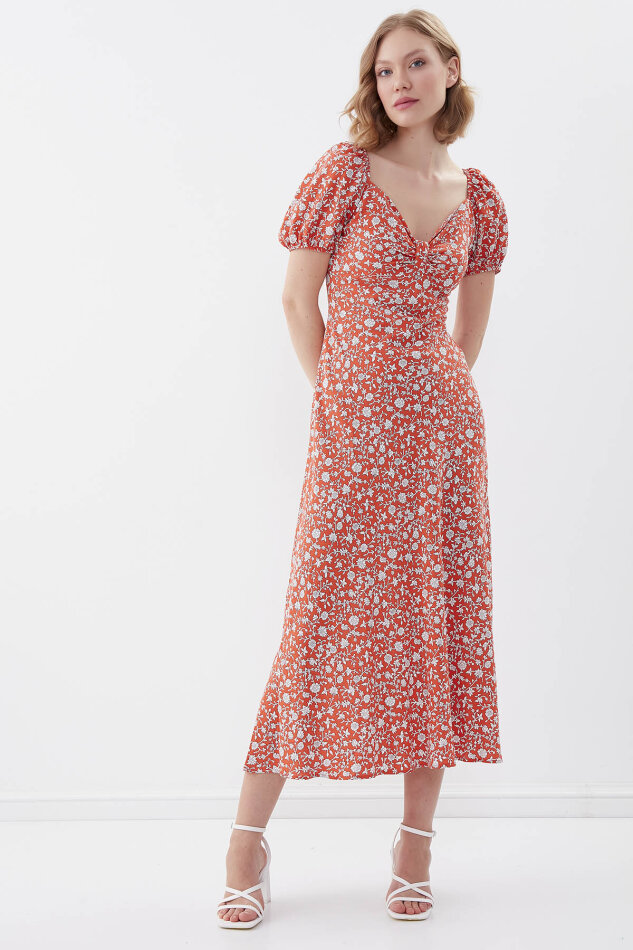 Viskon Balon Kol Çiçek Desen Elbise - 21