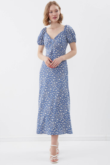 Viskon Balon Kol Çiçek Desen Elbise - 1