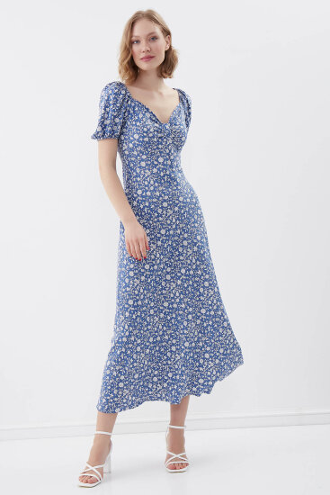 Viskon Balon Kol Çiçek Desen Elbise - 2