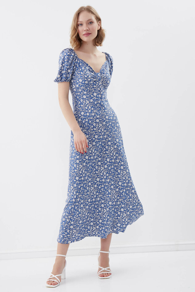 Viskon Balon Kol Çiçek Desen Elbise - 2