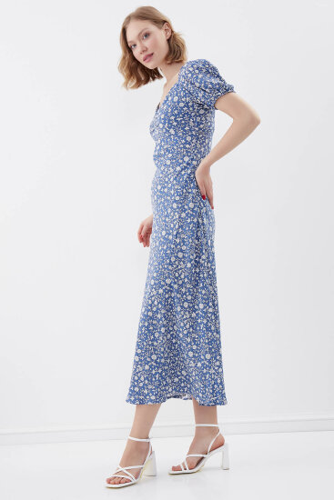 Viskon Balon Kol Çiçek Desen Elbise - 3