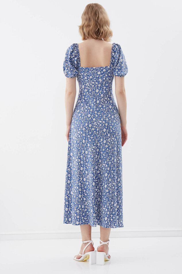 Viskon Balon Kol Çiçek Desen Elbise - 5