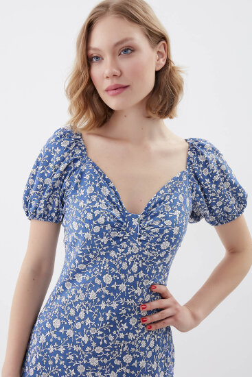 Viskon Balon Kol Çiçek Desen Elbise - 4